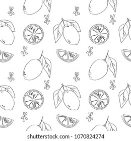 vector contour citrus lemon fruit slices flower seamless pattern coloring book childish hand drawn 