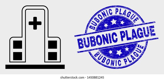 Vector contour clinic building icon and Bubonic Plague seal. Blue rounded textured watermark with Bubonic Plague text. Black isolated clinic building icon in contour style.