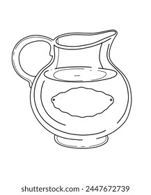 Vector contour clipart jug with olive oil, coloring book for hobbies, healthy food, olive oil, postcard, art, design for T-shirts and accessories