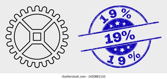 Vector contour clock gear icon and 19% seal. Blue rounded grunge seal stamp with 19% title. Black isolated clock gear icon in contour style.