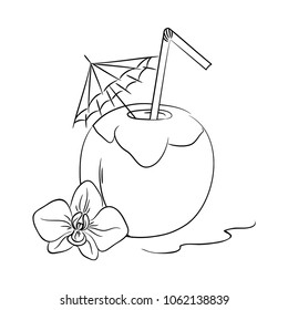 vector contour coconut milk drink coctail with bar umbrella and exotic orchid flowers coloring page