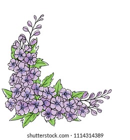vector contour color blue delphinium flower leaf simple summer set on white corner frame border