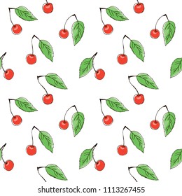 vector contour color cherry fruit leaf seamless repeating pattern on white summer simple illustration