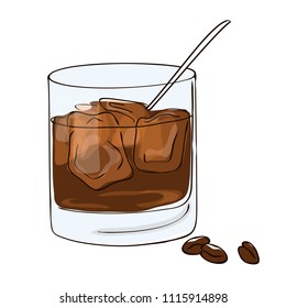 vector contour color coffee beans alcohol whiskey vodka liquor coctail in old fashioned glass with ice cubes