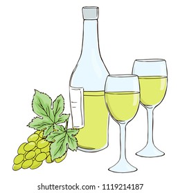 vector contour color grape fruit wine bottle glass leaf illustration on white elements set