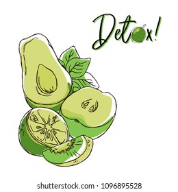 vector contour color green apple fruit lime lemon citrus kiwi vegetable avocado outlined pattern lettering detox
