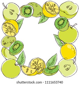 vector contour color green yellow apple lemon citrus kiwi local and exotic fruit detox vegetarian square border frame on white