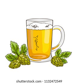 vector contour color lager beer glass drink with foam hop leaf octoberfest bar pub 