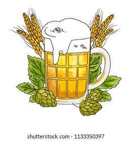 vector contour color lager beer glass drink with foam hop leaf barley wheat octoberfest bar pub 