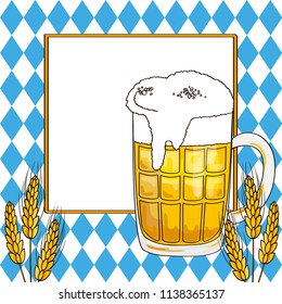 vector contour color lager beer glass drink with foam barley wheat Oktoberfest bar pub card on blue white background
