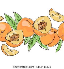 vector contour color peach fruit whole half slice leaf  illustration on white elements seamless repeating line pattern