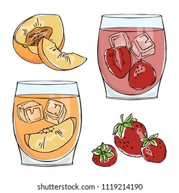 vector contour color peach fruit strawberry berry whole half slice leaf drink in glass with ice  illustration on white elements set