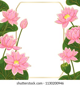 vector contour color pink chinese lotus flowers leaf asian symbol hand drawn et card square border frame for text