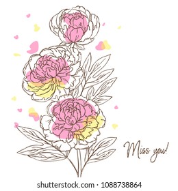 vector contour color pink peony rose flowers bud leaf branch bouquet set outlined card with lettering miss you