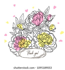 vector contour color pink rose yellow peony card with lettering thank you you and spots frame border