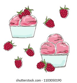 vector contour color raspberry berry ice cream in bowl set on white summer sweet frozen dessert