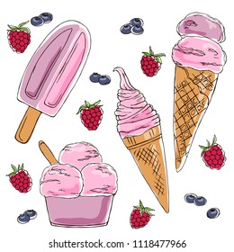 vector contour color raspberry blueberry different types of  ice cream set pattern illustration on white