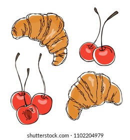 vector contour color red cherry berry bakery croissant bread set on white