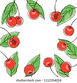 vector contour color red cherry berry leaf frameborder set on white