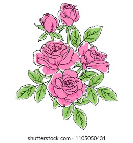 vector contour color red lilac pink rose flowers and leaf boquette on white 
