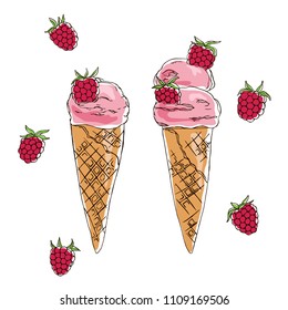 vector contour color red raspberry berry ice cream cone  set on white summer sweet dessert 