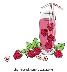 vector contour color red raspberry berry leaf flowers drink set in the glass summer vegetarian dessert beverage on white