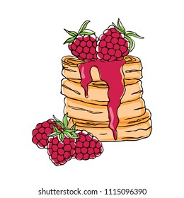 vector contour color red raspberry berry leaf pancake cake jam set dessert  on white