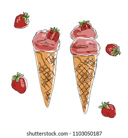 vector contour color red strawberry berry ice cream cone  set on white summer sweet dessert 