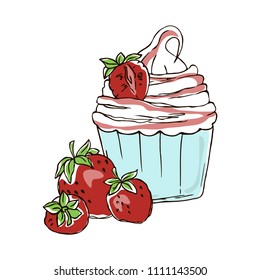 vector contour color red strawberry jam cupcake sweet dessert breakfast