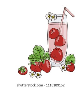 vector contour color red strawberry berry leaf flowers drink set in the glass summer vegetarian dessert beverage on white