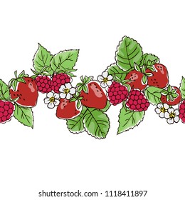 vector contour color red strawberry raspberry berry leaf flowers seamless repeating line border frame pattern illustration on white