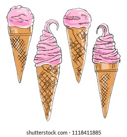 vector contour color rose pink ice cream waffle cones on white hand drawn illustration