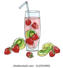 vector contour color strawberry berry kiwi exotic fruit cocktail dessert drink beverage on glass illustration on white