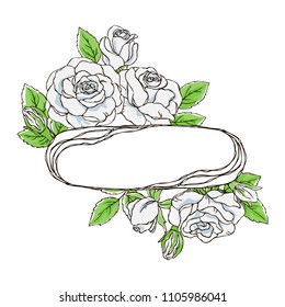 vector contour color white tender rose flowers and leaf boquette oval border frame pattern on white