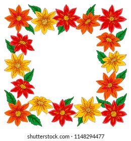 vector contour color yellow red orange autumn dahlia flowers green leaf square border frame for design