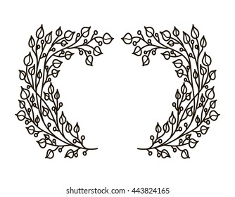 vector, contour, coloring book, frame, wreath of branches, interlacing, leaves, summer, forest, nature, tree, black and white illustration, abstraction, design element, plant, art