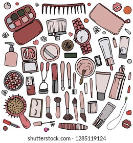 Vector. Contour cosmetic accessories. On white background. Assorted set cartoon. Brushes bottles hairbrush