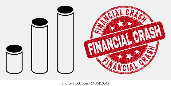 Vector contour cylinder chart pictogram and Financial Crash stamp. Blue round grunge seal stamp with Financial Crash message. Black isolated cylinder chart pictogram in outline style.