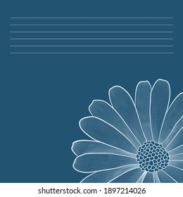 Vector contour decorative flower. White line element on a blue background. Template