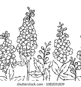 vector contour delphinium  flowers bud leaf coloring book seamless repeating pattern 