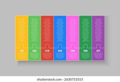 Processo infográfico de diagrama de contorno vetorial em 7 partes, opções ou processos. Cronograma do modelo para gráfico, apresentação e gráfico. Sete etapas peças de quebra-cabeça de peça transparente para negócios, conceito de fluxo