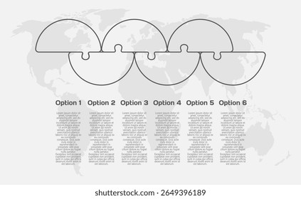 Proceso de infografía de diagrama de contorno de Vector en 6 partes, opciones o procesos. Cronología de la Plantilla para el gráfico, la presentación y el gráfico. Seis pasos piezas transparentes del rompecabezas de la pieza para el negocio, concepto del flujo