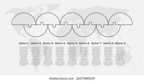 Processo infográfico de diagrama de contorno vetorial em 9 partes, opções ou processos. Cronograma do modelo para gráfico, apresentação e gráfico. Nove etapas peças de quebra-cabeça de peça transparente para negócios, conceito de fluxo