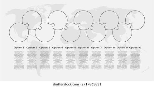 Processo infográfico de diagrama de contorno vetorial em 10 partes, opções ou processos. Cronograma do modelo para gráfico, apresentação e gráfico. Dez etapas peças transparentes do quebra-cabeça do círculo da parte para negócios, conceito do fluxo