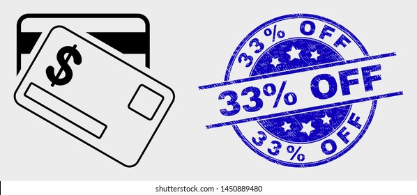 Vector contour dollar bank cards icon and 33% Off seal stamp. Blue rounded grunge stamp with 33% Off message. Black isolated dollar bank cards icon in outline style.