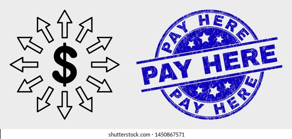 Vector contour dollar emission icon and Pay Here stamp. Blue round textured seal stamp with Pay Here text. Black isolated dollar emission icon in linear style.