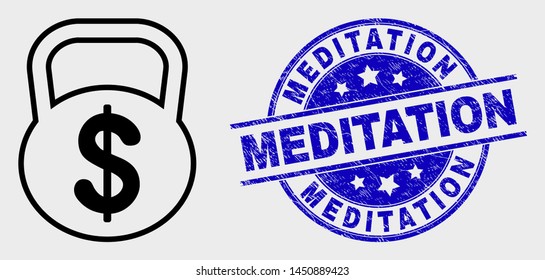 Vector contour dollar weight icon and Meditation seal stamp. Blue rounded grunge seal stamp with Meditation title. Black isolated dollar weight symbol in line style.