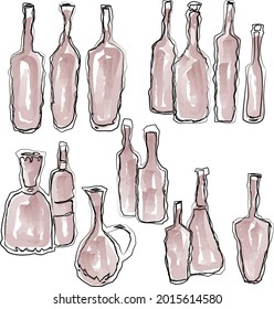 Dibujos de doodle de contorno de vectores de varias botellas de vino