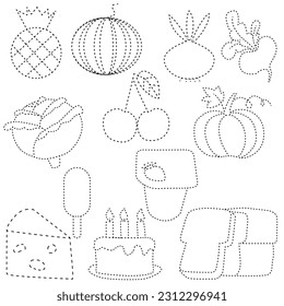 Vector contour dots, utensils, food, fruits for children's activities on a white background