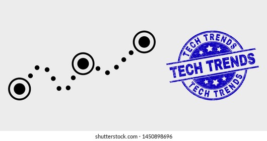 Vector contour dotted chart icon and Tech Trends seal stamp. Blue round grunge seal stamp with Tech Trends text. Black isolated dotted chart icon in outline style.